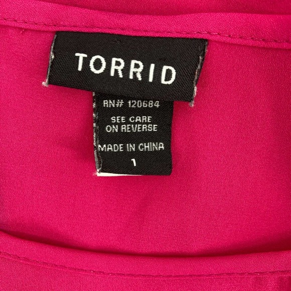 Torrid Fuchsia Sheer Sleeveless Scoop Neck Blouse Slit Back & Black Lace Trim - Picture 5 of 11